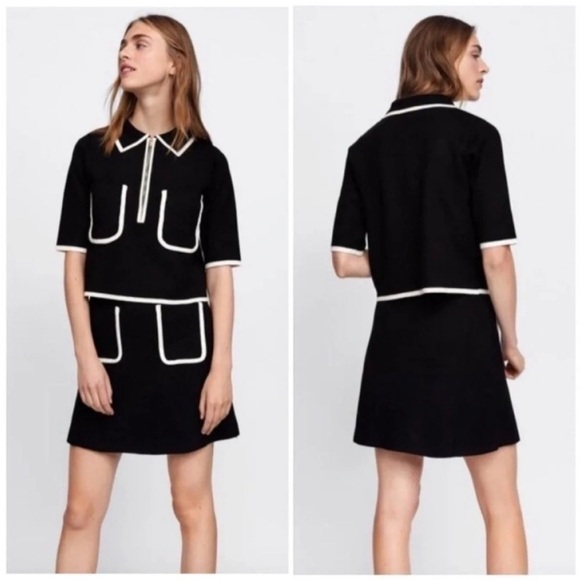 Zara Black & White Knit Skirt & Top Set Contrast Piping - Picture 1 of 12